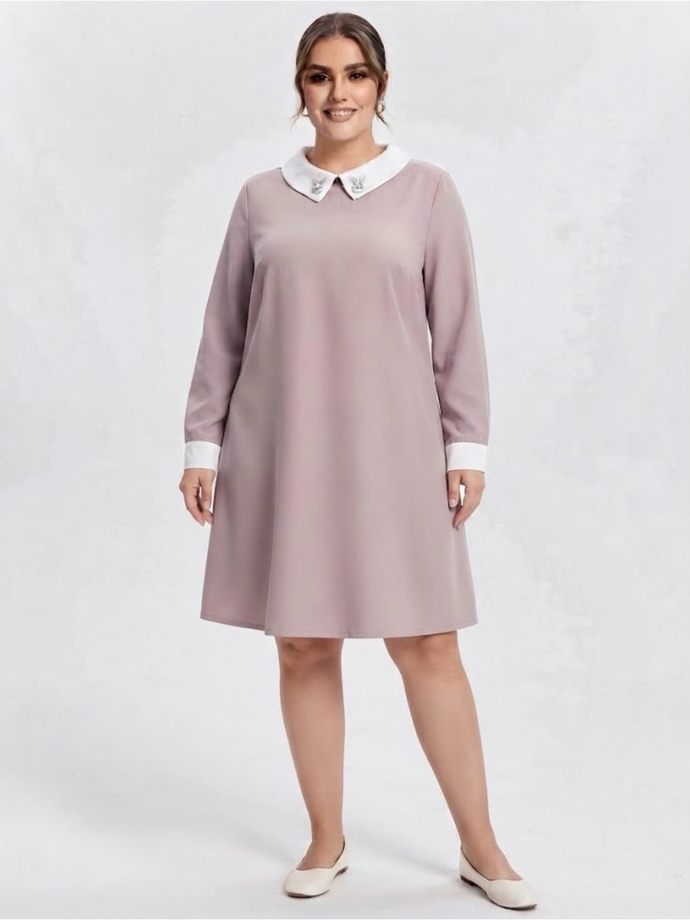 Plus Size Mauve Long Sleeve Peter Pan Collar Dress
